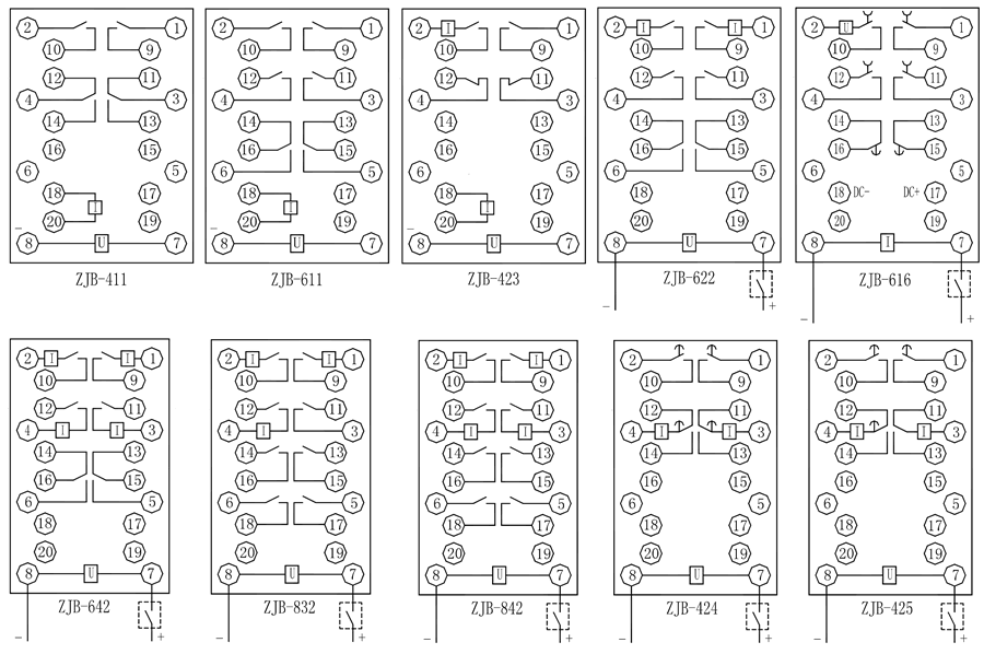 ZJB-422保持中間繼電器內部接線圖